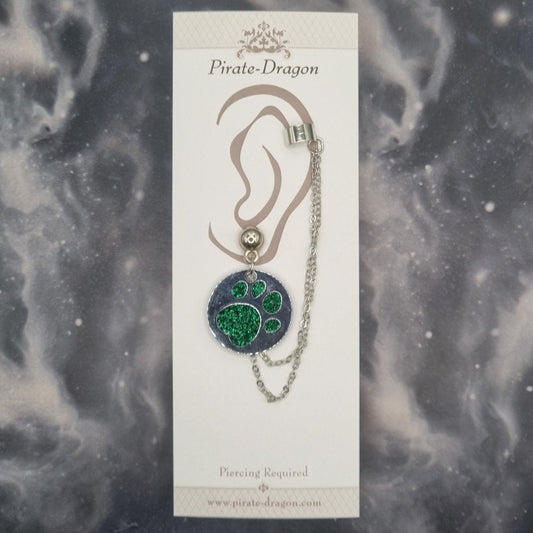 Green Paw Print with Silver Chains Pierced Earcuff (EC99730)