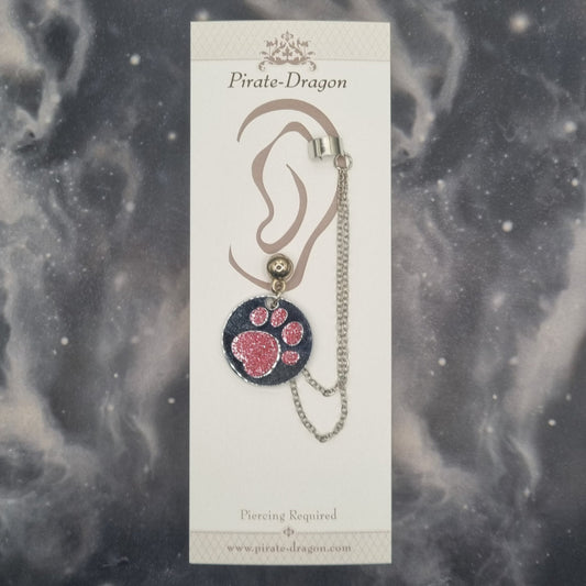 Pink Paw Print with Silver Chains Pierced Earcuff (EC99733)