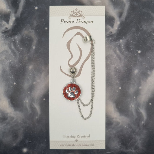 Red Paw Print with Silver Chains Pierced Earcuff (EC99736)
