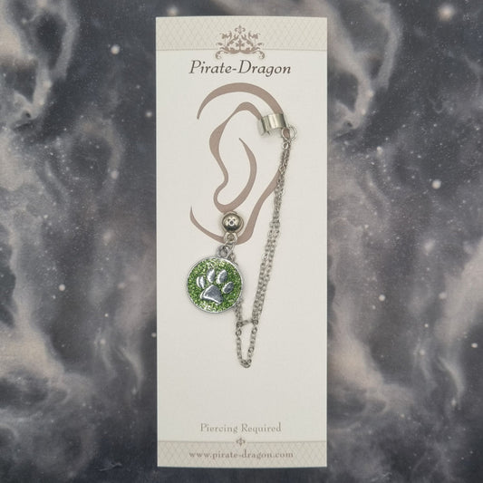 Green Paw Print with Silver Chains Pierced Earcuff (EC99738)