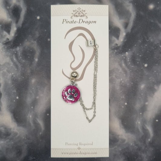 Pink Paw Print with Silver Chains Pierced Earcuff (EC99743)
