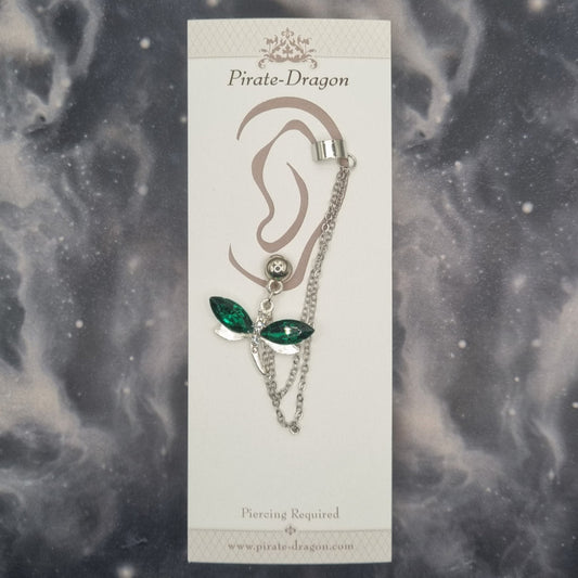 Green Gem Dragonfly with Silver Chains Pierced Earcuff (EC99746)