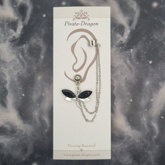 Black Gem Dragonfly with Silver Chains Pierced Earcuff (EC99747)