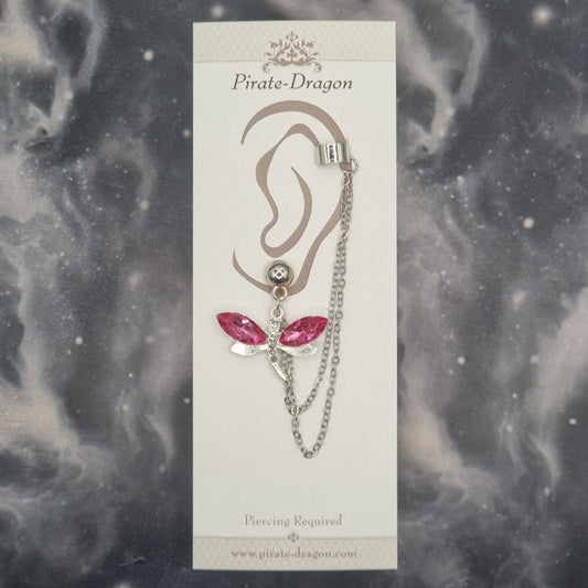Pink Gem Dragonfly with Silver Chains Pierced Earcuff (EC99748)