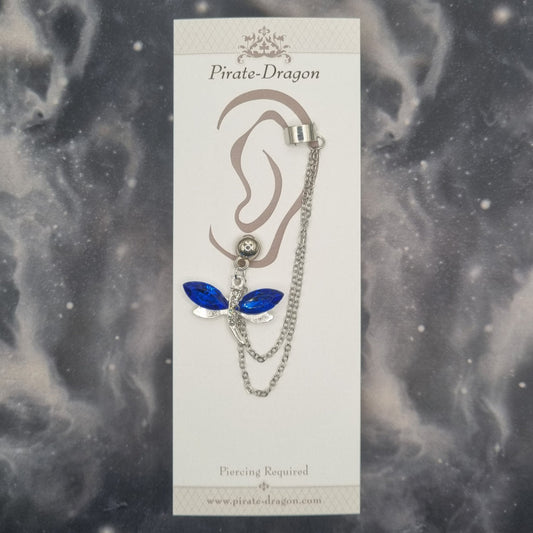 Blue Gem Dragonfly with Silver Chains Pierced Earcuff (EC99750)