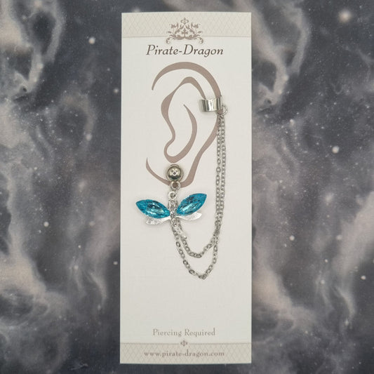 Blue Gem Dragonfly with Silver Chains Pierced Earcuff (EC99751)