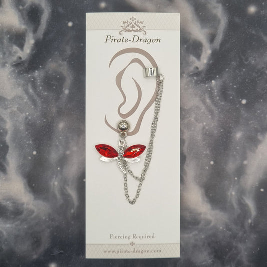 Red Gem Dragonfly with Silver Chains Pierced Earcuff (EC99752)