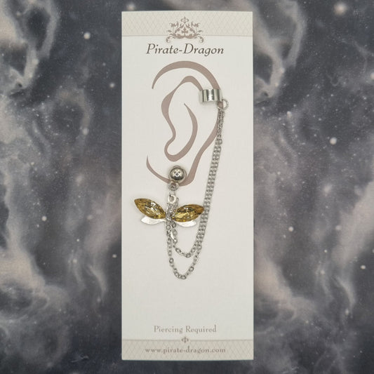 Yellow Gem Dragonfly with Silver Chains Pierced Earcuff (EC99753)