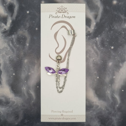 Purple Gem Dragonfly with Silver Chains Pierced Earcuff (EC99754)