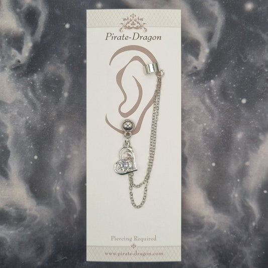 White Gem Heart with Silver Chains Pierced Earcuff (EC99758)