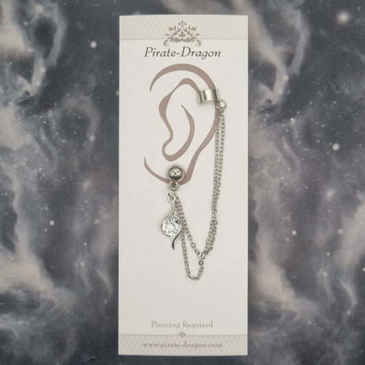 White Gem Drop with Silver Chains Pierced Earcuff (EC99760)
