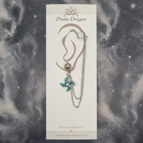 Blue Pinwheel Flower with Silver Chains Pierced Earcuff (EC99763)