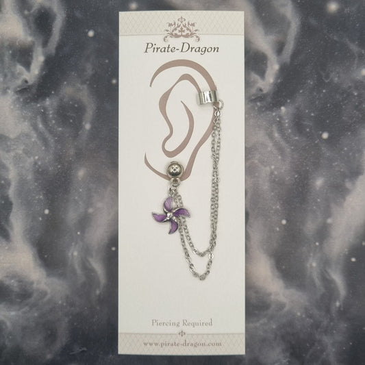 Purple Pinwheel Flower with Silver Chains Pierced Earcuff (EC99764)