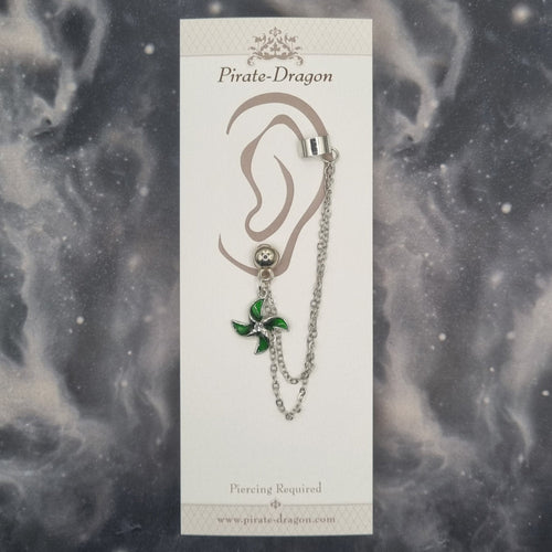 Green Pinwheel Flower with Silver Chains Pierced Earcuff (EC99765)
