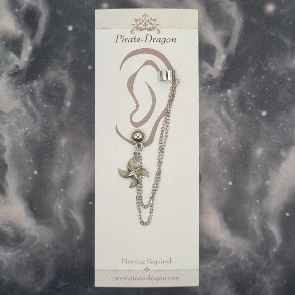 White Pinwheel Flower with Silver Chains Pierced Earcuff (EC99767)