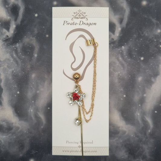 Red Rose in Gem Flower with Gold Chains Pierced Earcuff (EC99772)