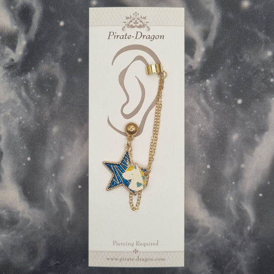 Unicorn on Blue Star with Gold Chains Pierced Earcuff (EC99775)