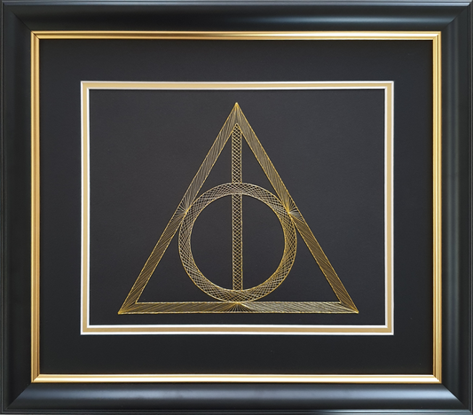 Harry Potter Deathly Hallows Inspired Hand-Stitched Artwork (Black Card)